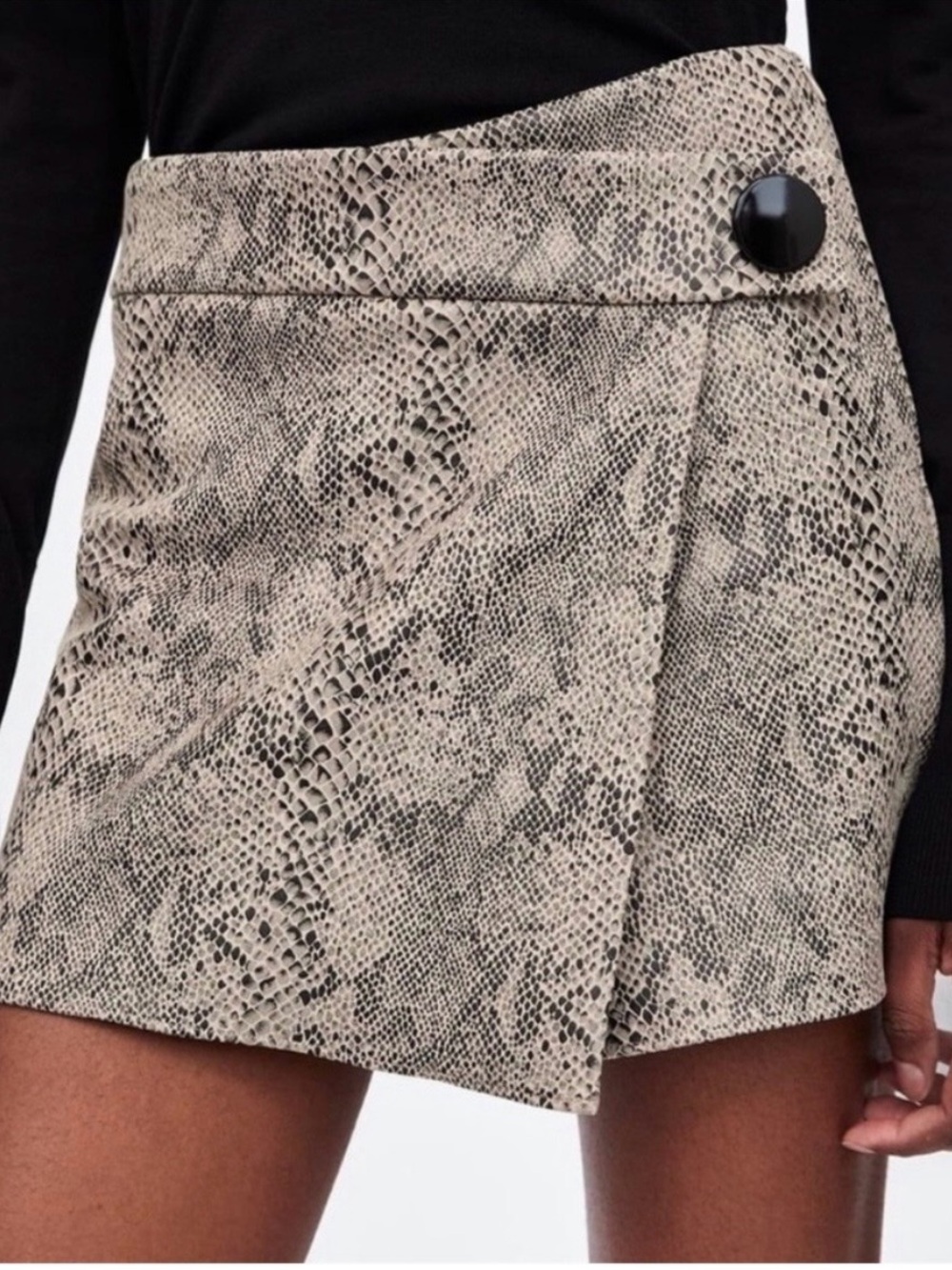 Zara Beige Snake-Print Wrap Mini Skirt with Black Button